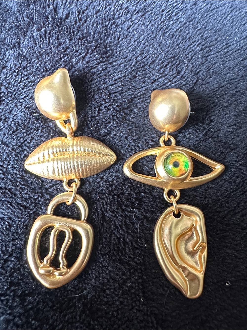 Gold Mismatched Eye & Ear Drop Earrings - Artistic Statement